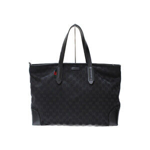 GUCCI Tote Bag Sherry Line GG Canvas Leather Black
